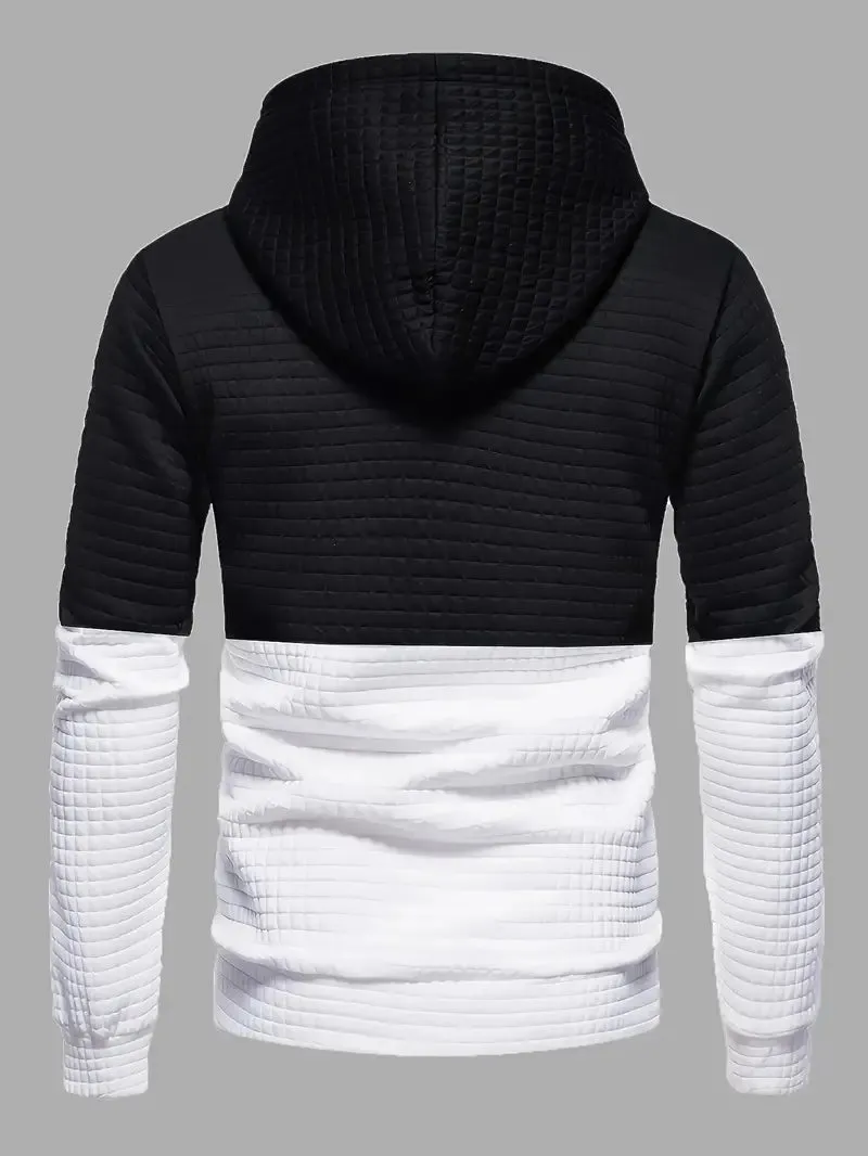 Men's hooded top waffle pattern black casual wear - stylish and versatile pullover for relaxed outings