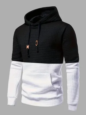 Men's hooded top waffle pattern black casual wear - stylish and versatile pullover for relaxed outings