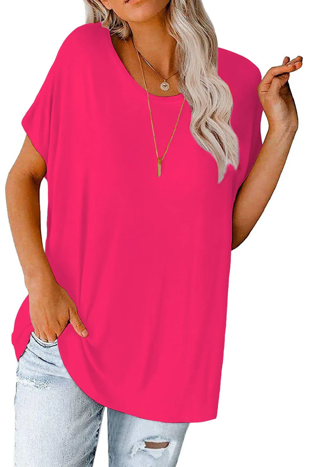 MINT PLUS PINK Womens Oversized Tops Crew Neck Short Sleeve T Shirts Loose fit Tunic