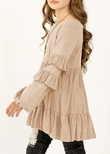 MITILLY Beige Ruffle Babydoll Blouse - Girls Size 10-11
