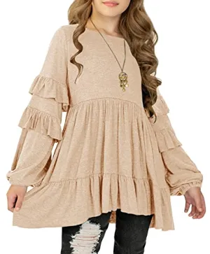MITILLY Beige Ruffle Babydoll Blouse - Girls Size 10-11