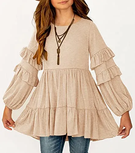 MITILLY Beige Ruffle Babydoll Blouse - Girls Size 10-11