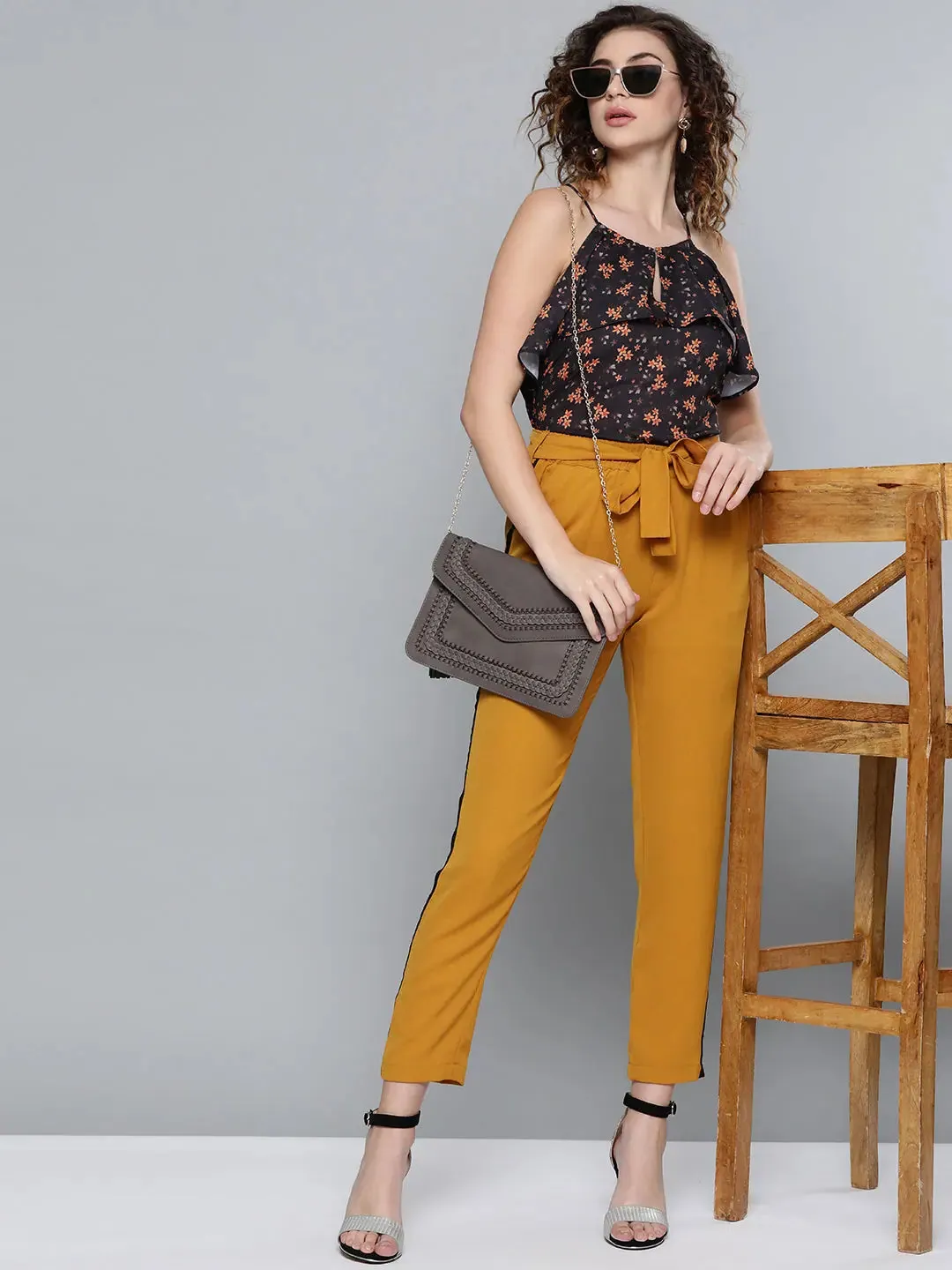 Mustard Side Tape Detail Tapered Pants