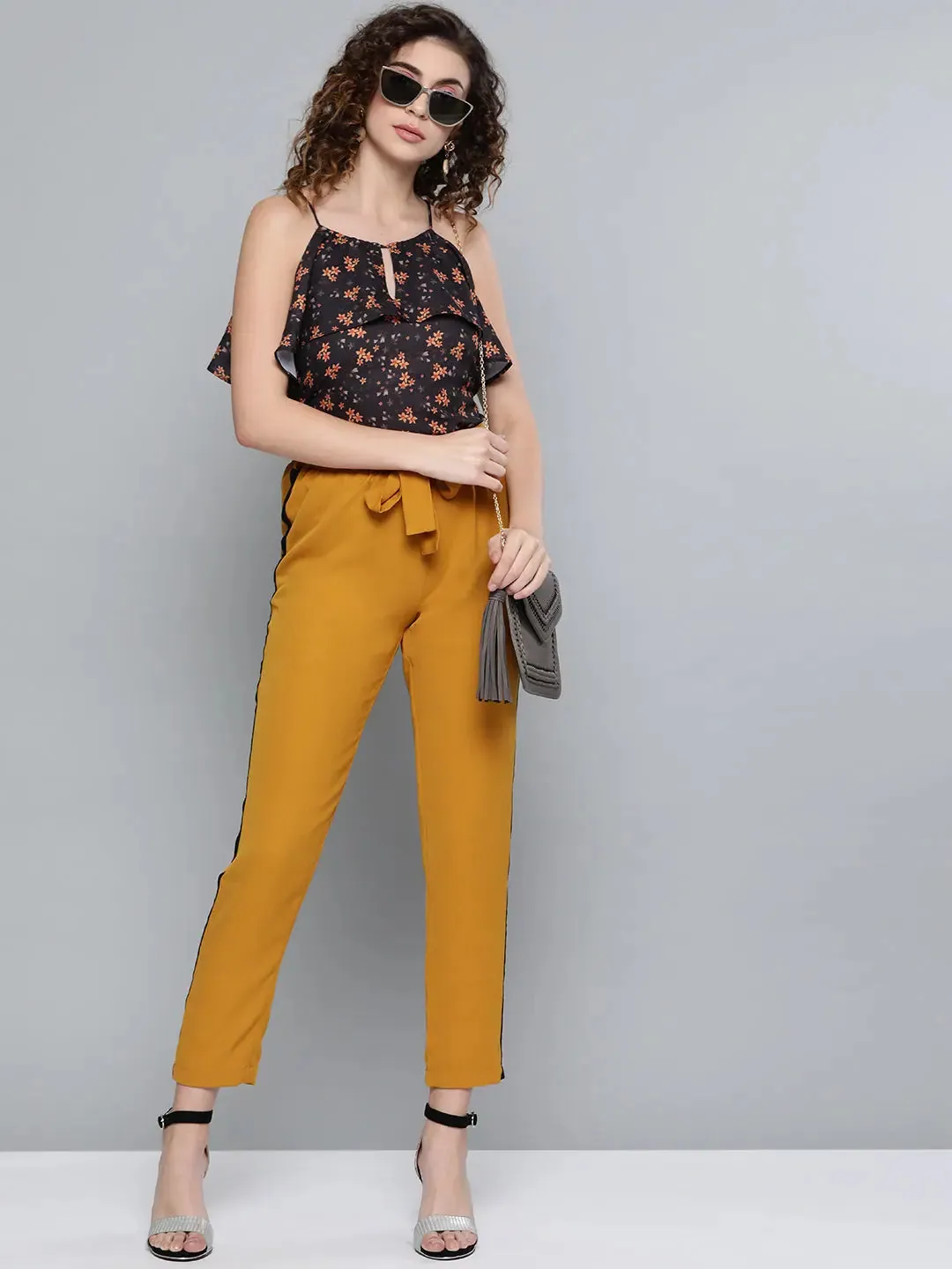 Mustard Side Tape Detail Tapered Pants