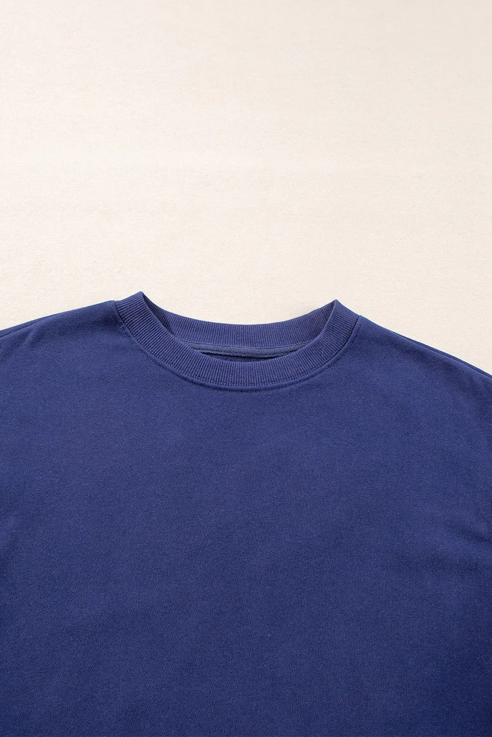 Navy Blue Plain Drop Shoulder Crewneck Pullover Sweatshirt