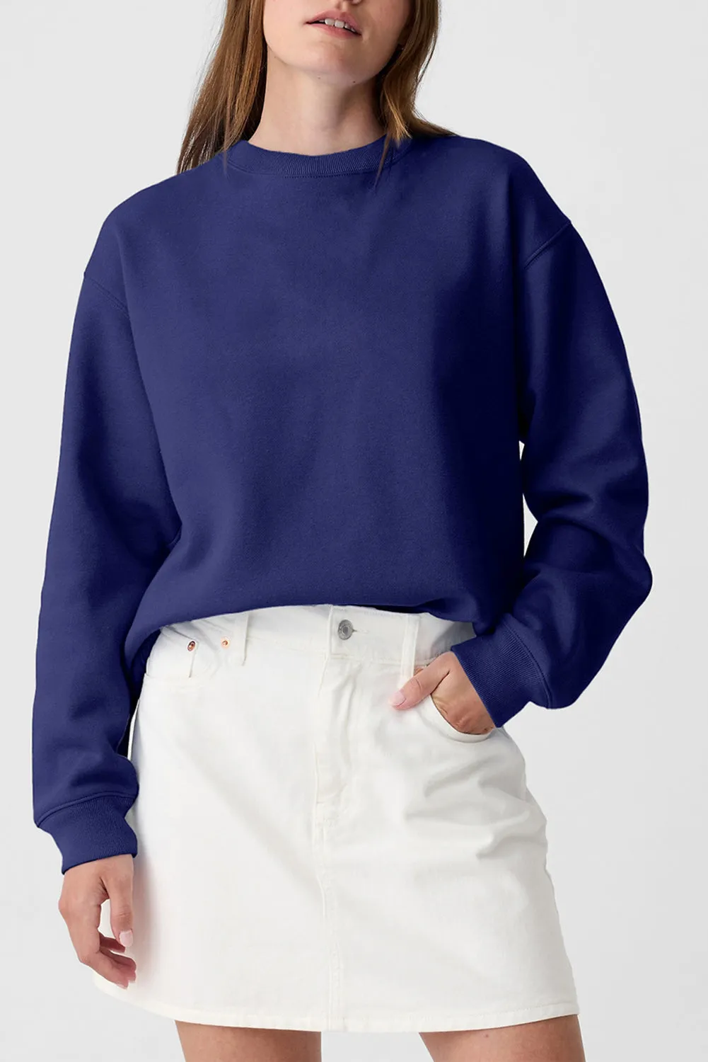 Navy Blue Plain Drop Shoulder Crewneck Pullover Sweatshirt