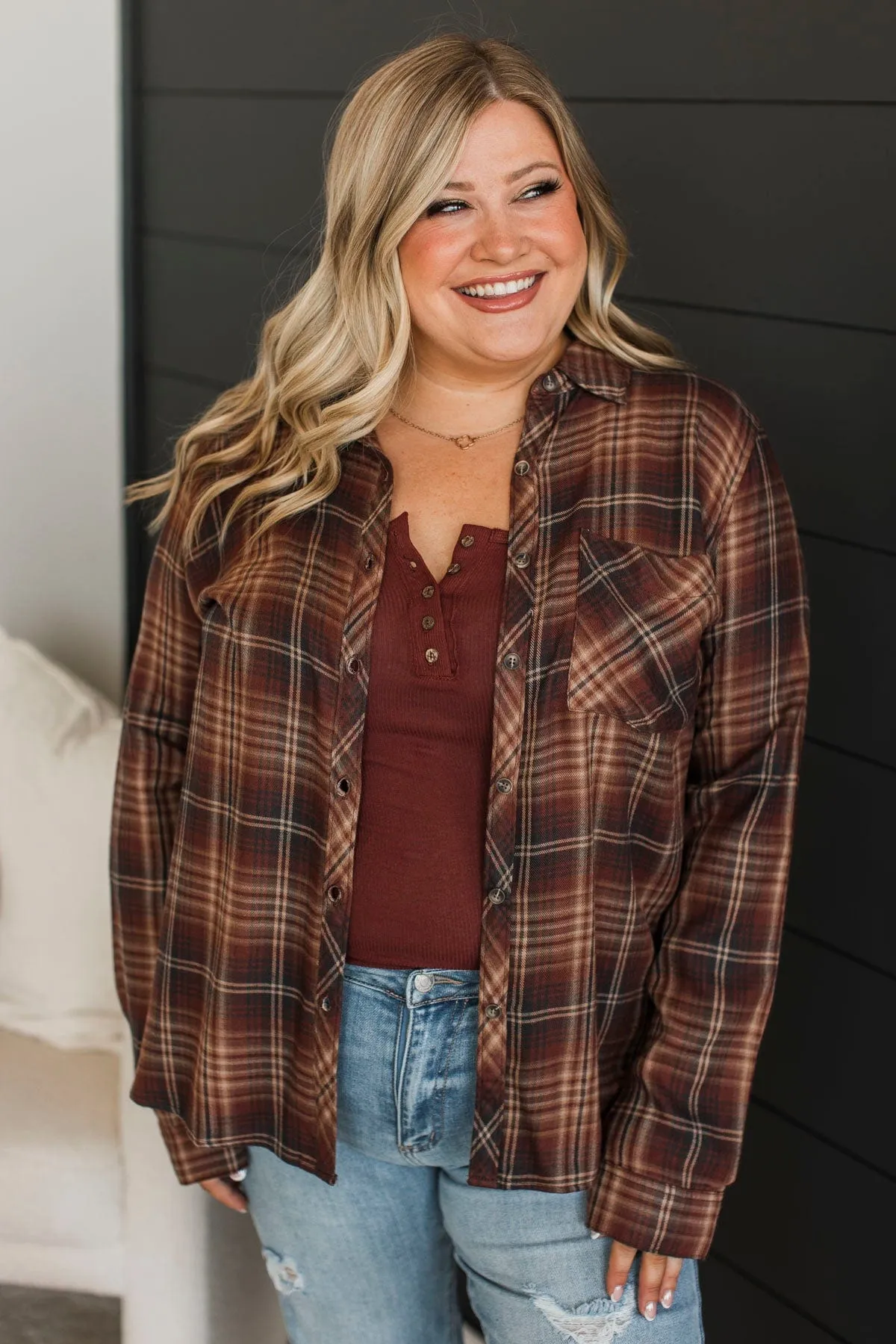 On A Journey Plaid Button Top- Burgundy