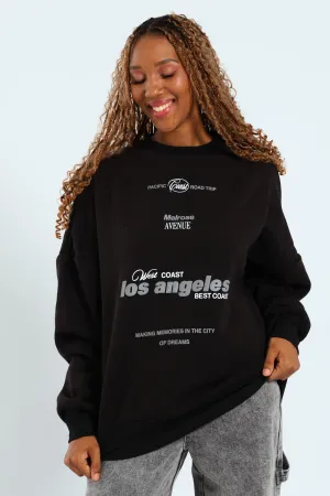 Oversized Printed Crew Fleece Top - Black