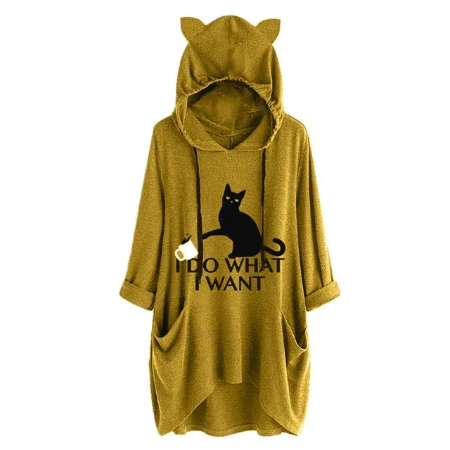 Oversized Sweatshirt Harajuku Cat Print Top Blouse Women Cute Ears Pockets Loose Hoodies Plus Size Hoody Pullover Sudadera Mujer