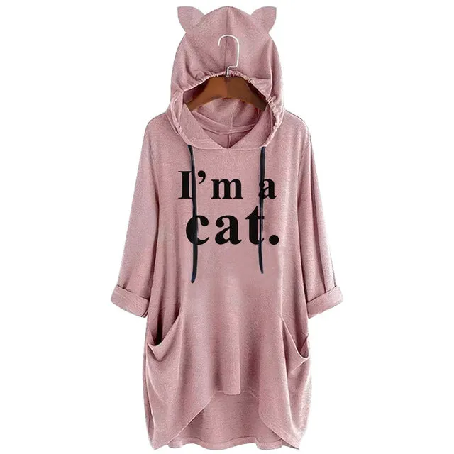Oversized Sweatshirt Harajuku Cat Print Top Blouse Women Cute Ears Pockets Loose Hoodies Plus Size Hoody Pullover Sudadera Mujer