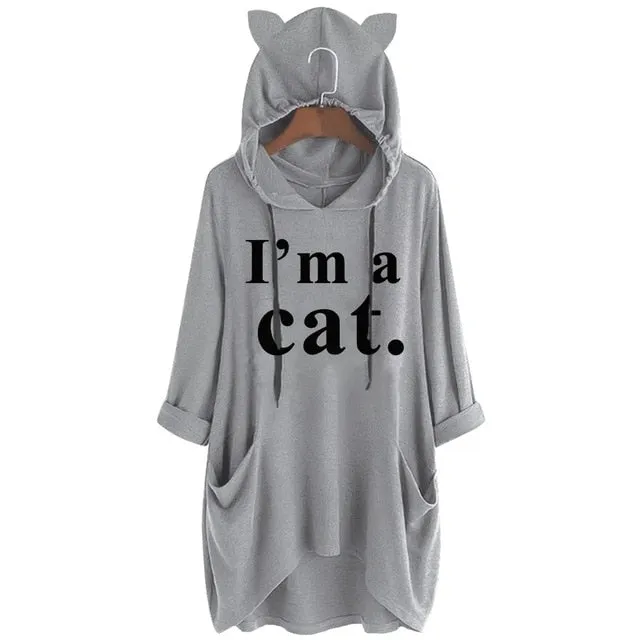 Oversized Sweatshirt Harajuku Cat Print Top Blouse Women Cute Ears Pockets Loose Hoodies Plus Size Hoody Pullover Sudadera Mujer