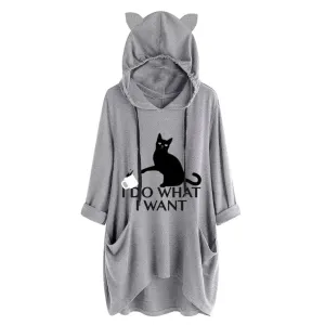 Oversized Sweatshirt Harajuku Cat Print Top Blouse Women Cute Ears Pockets Loose Hoodies Plus Size Hoody Pullover Sudadera Mujer