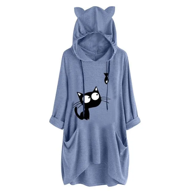Oversized Sweatshirt Harajuku Cat Print Top Blouse Women Cute Ears Pockets Loose Hoodies Plus Size Hoody Pullover Sudadera Mujer