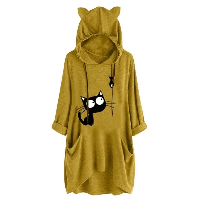 Oversized Sweatshirt Harajuku Cat Print Top Blouse Women Cute Ears Pockets Loose Hoodies Plus Size Hoody Pullover Sudadera Mujer