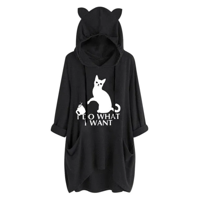 Oversized Sweatshirt Harajuku Cat Print Top Blouse Women Cute Ears Pockets Loose Hoodies Plus Size Hoody Pullover Sudadera Mujer