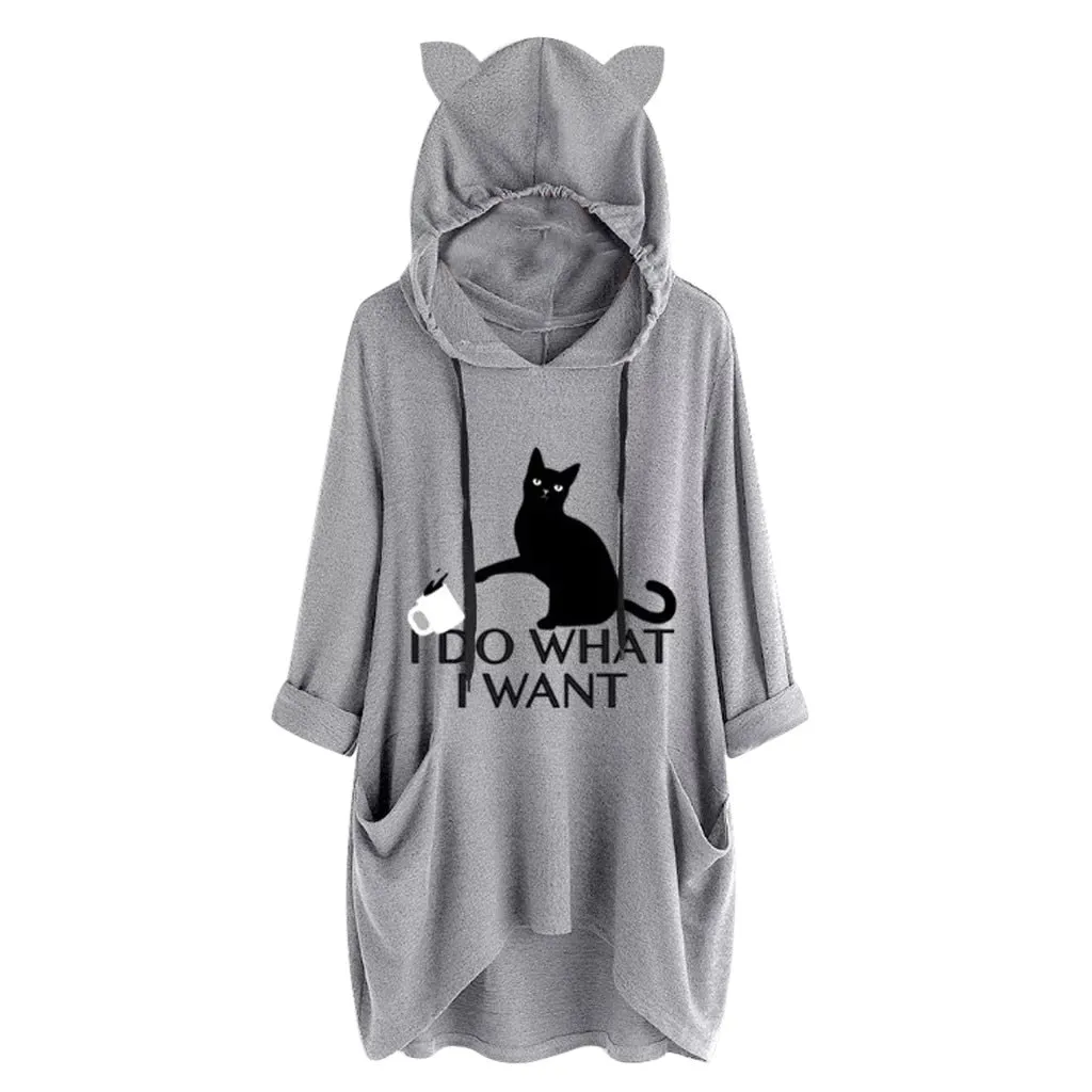 Oversized Sweatshirt Harajuku Cat Print Top Blouse Women Cute Ears Pockets Loose Hoodies Plus Size Hoody Pullover Sudadera Mujer