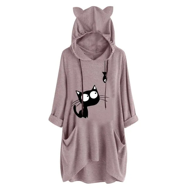 Oversized Sweatshirt Harajuku Cat Print Top Blouse Women Cute Ears Pockets Loose Hoodies Plus Size Hoody Pullover Sudadera Mujer
