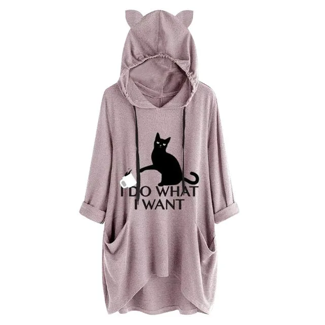Oversized Sweatshirt Harajuku Cat Print Top Blouse Women Cute Ears Pockets Loose Hoodies Plus Size Hoody Pullover Sudadera Mujer