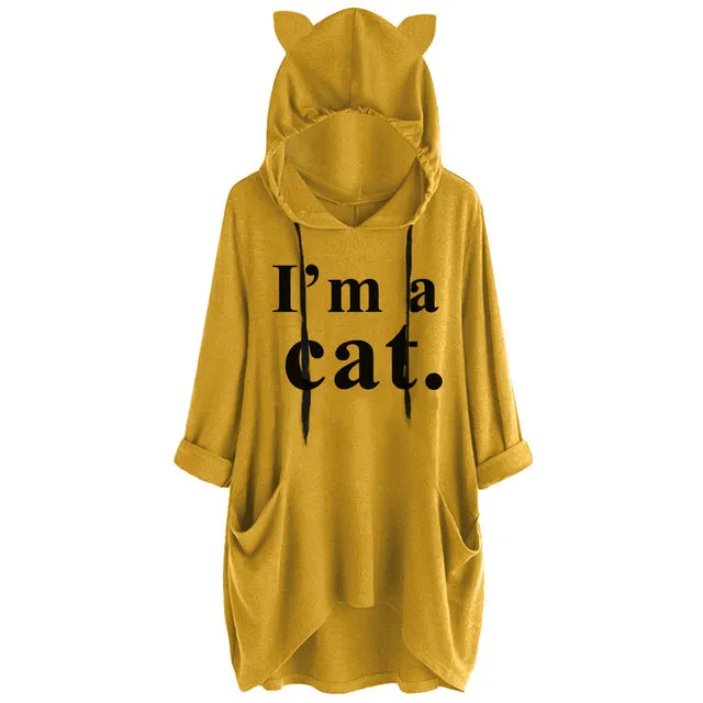 Oversized Sweatshirt Harajuku Cat Print Top Blouse Women Cute Ears Pockets Loose Hoodies Plus Size Hoody Pullover Sudadera Mujer