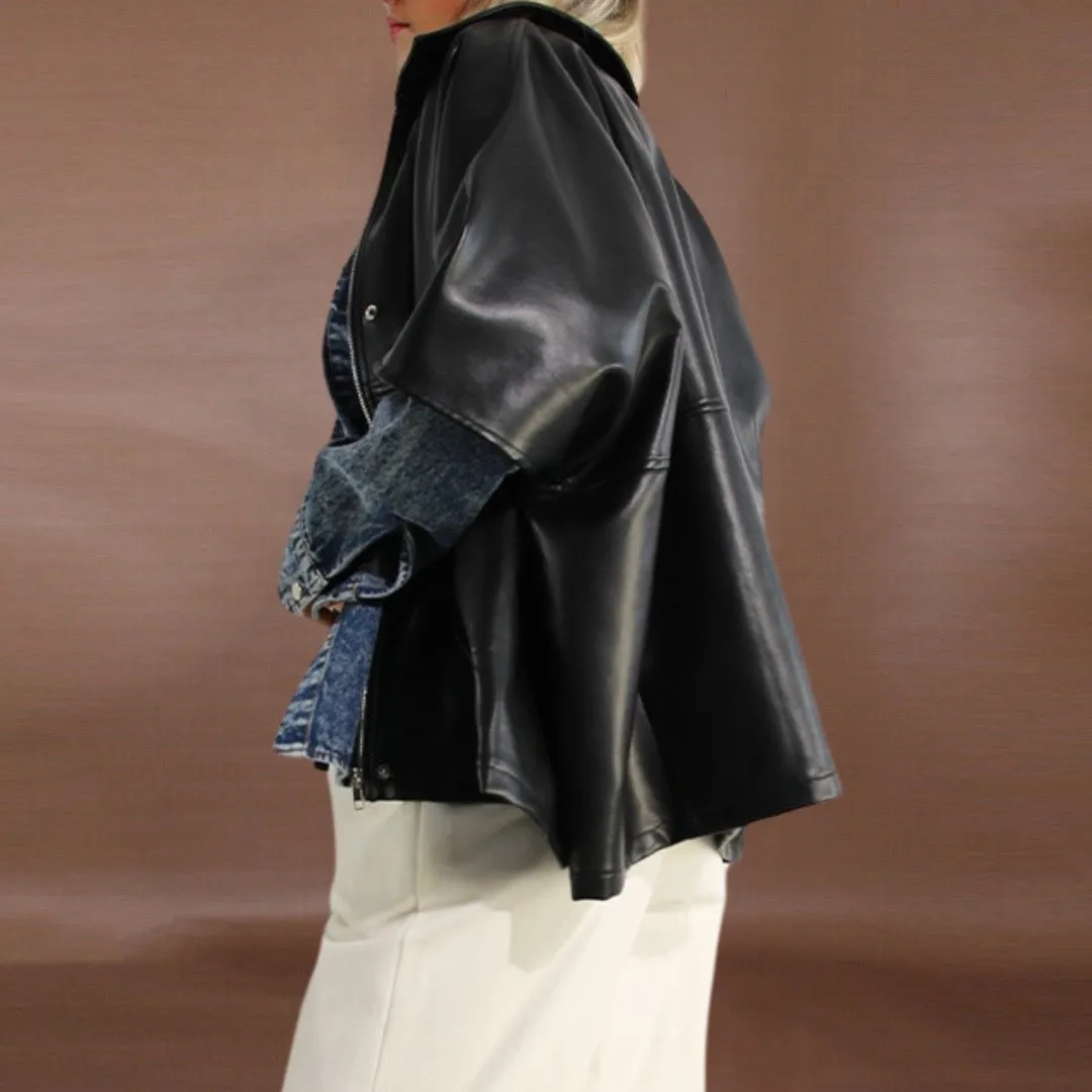 Oversized Vegan Leather Jacket - Café Noir