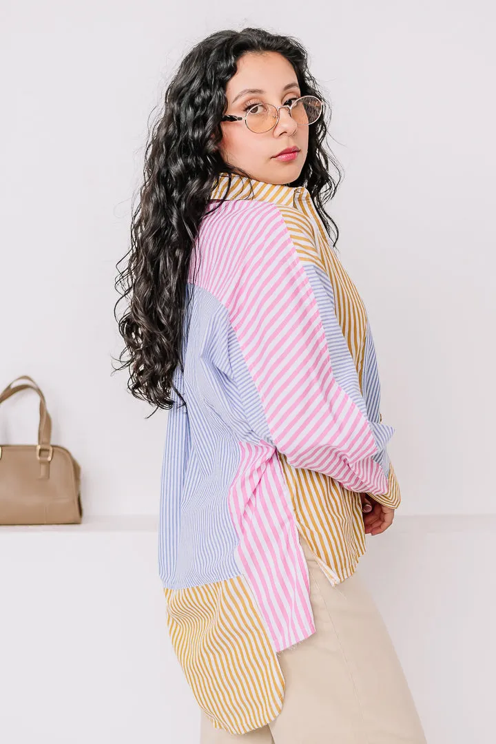 Patchwork Button Down Striped Top