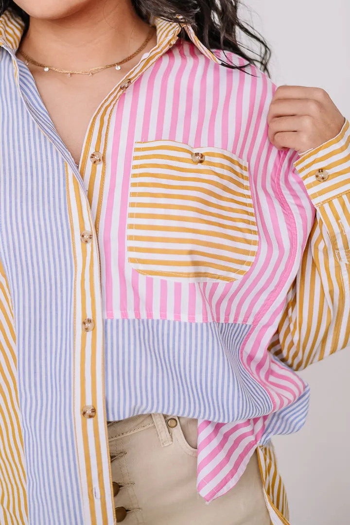 Patchwork Button Down Striped Top