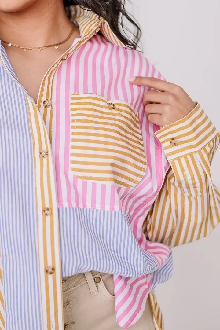 Patchwork Button Down Striped Top