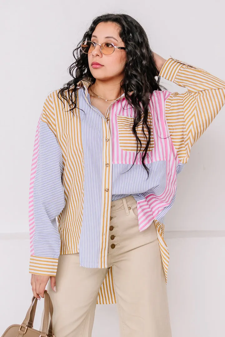 Patchwork Button Down Striped Top