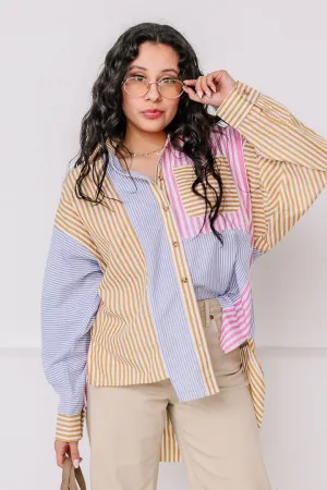 Patchwork Button Down Striped Top