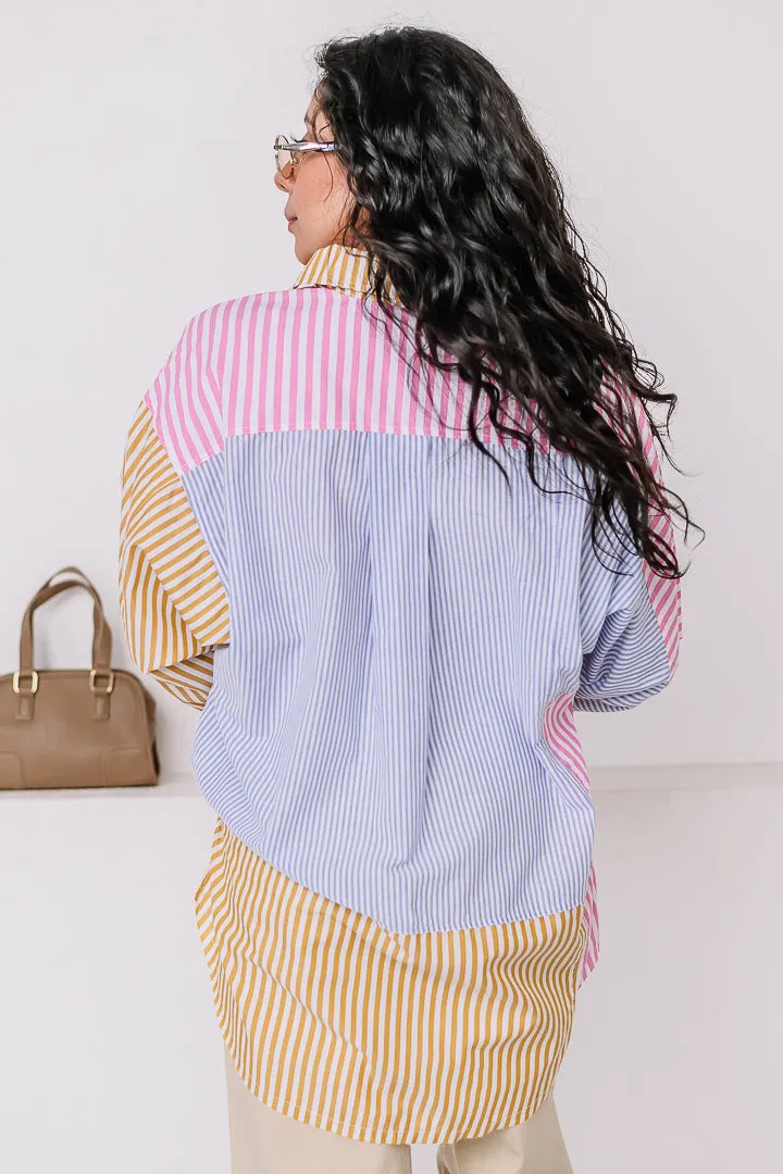 Patchwork Button Down Striped Top
