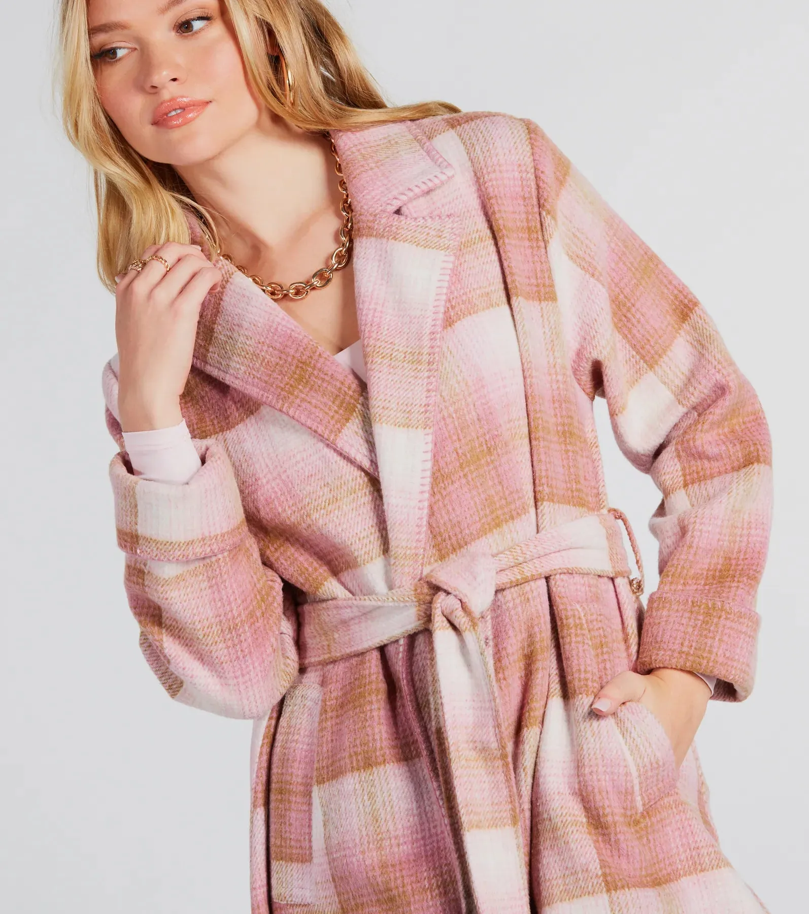 Perfect Plaid Fringe Faux Wool Trench Coat
