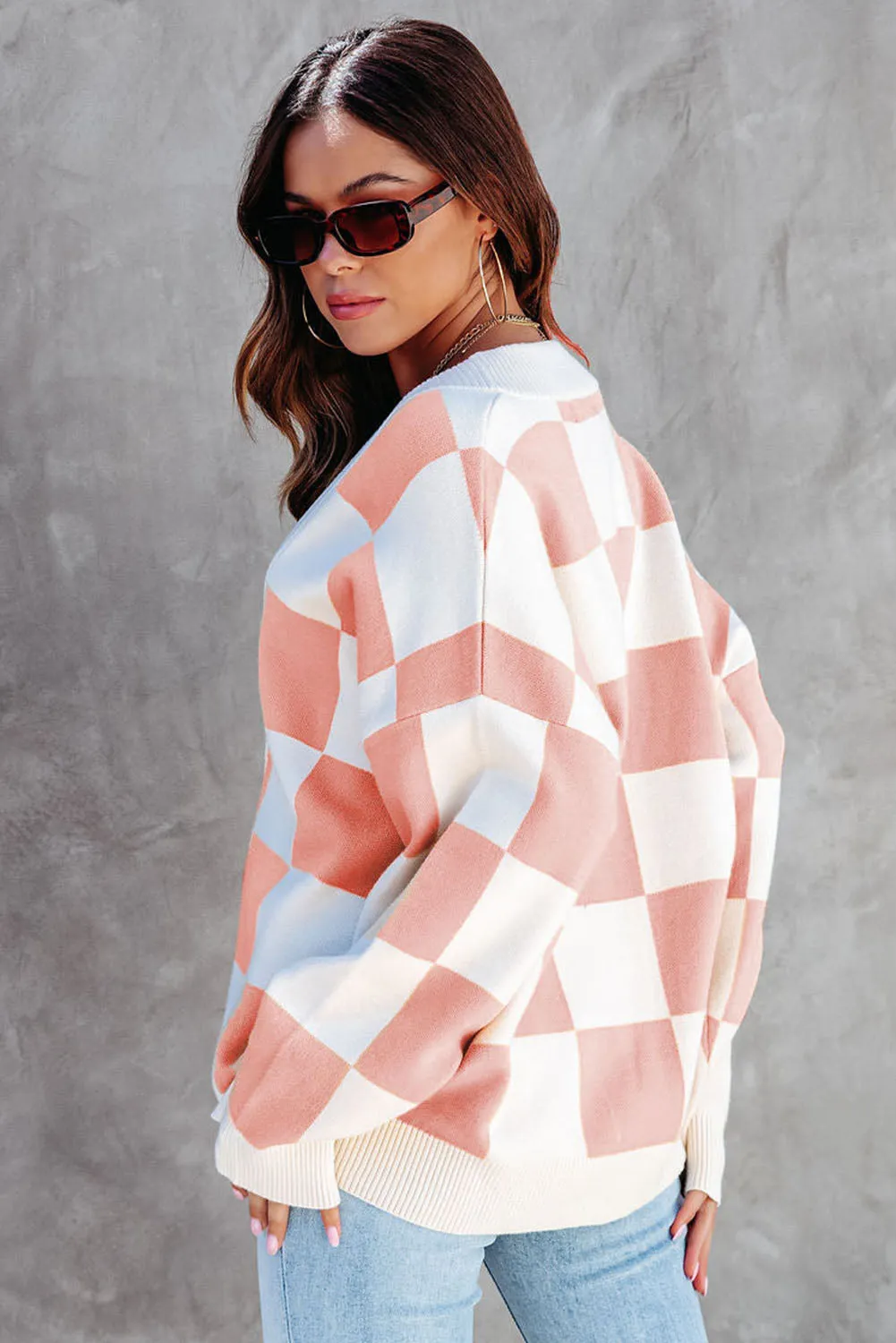 Pink Colorblock Plaid Button Up Cardigan