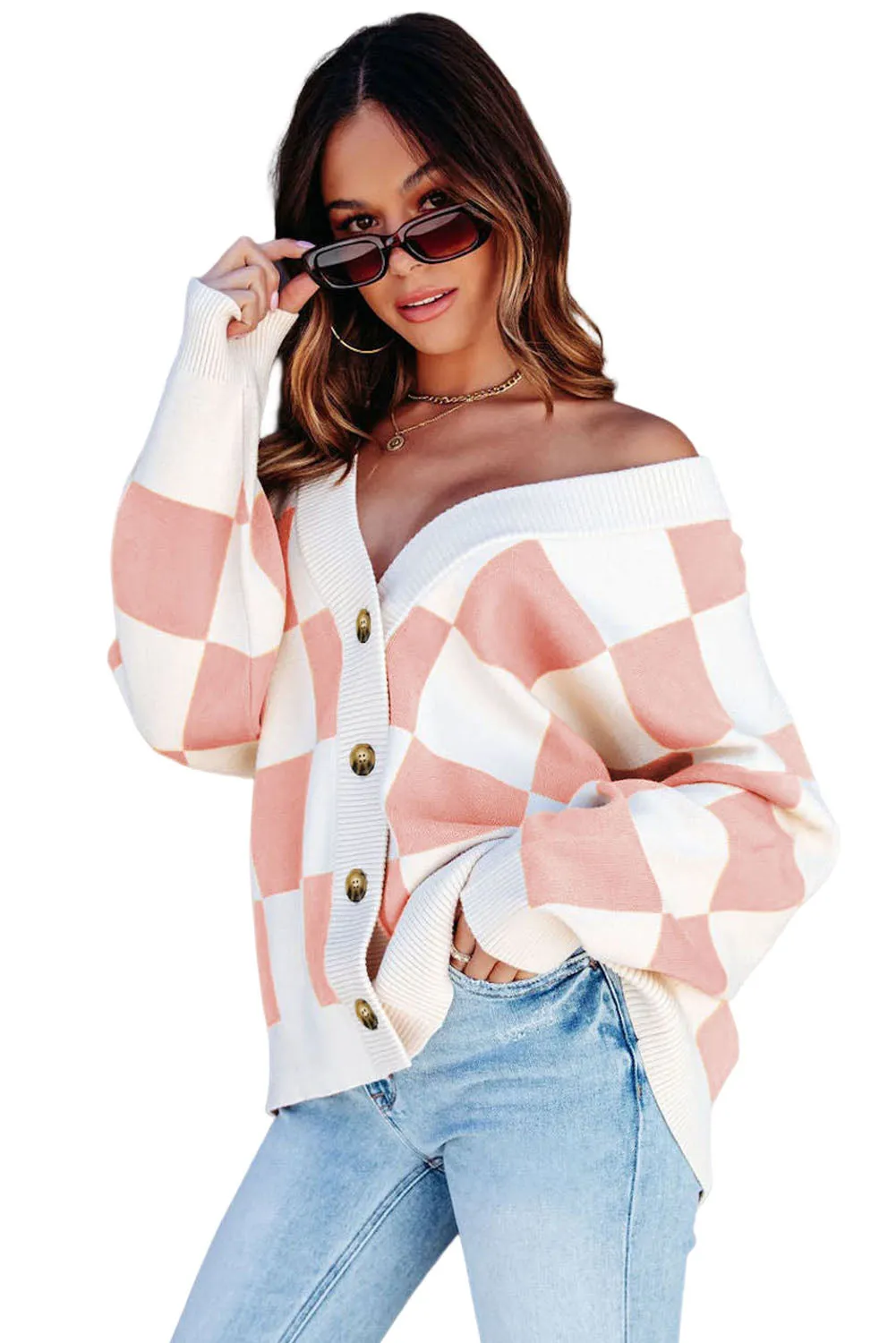 Pink Colorblock Plaid Button Up Cardigan