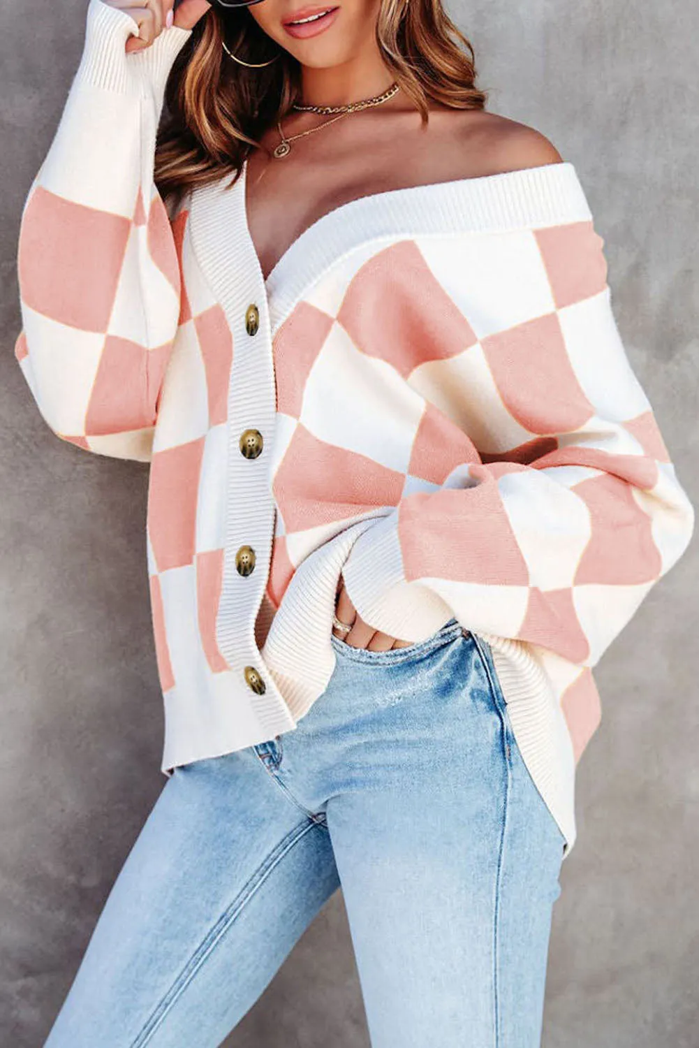 Pink Colorblock Plaid Button Up Cardigan