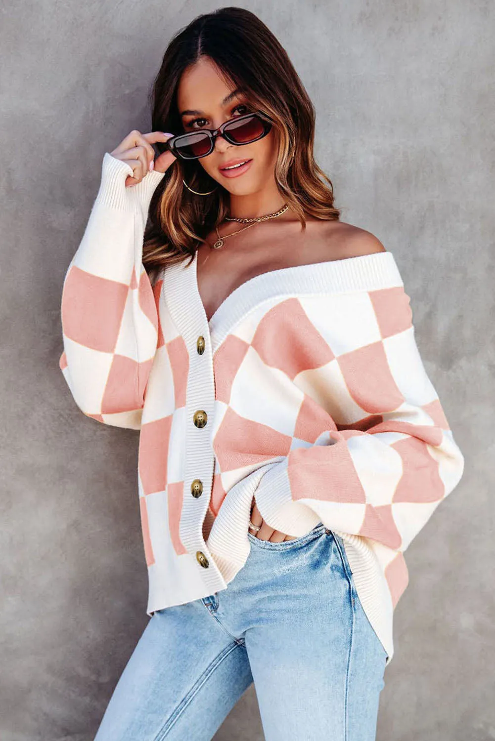 Pink Colorblock Plaid Button Up Cardigan