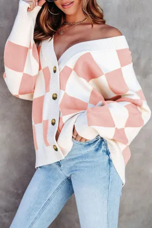 Pink Colorblock Plaid Button Up Cardigan