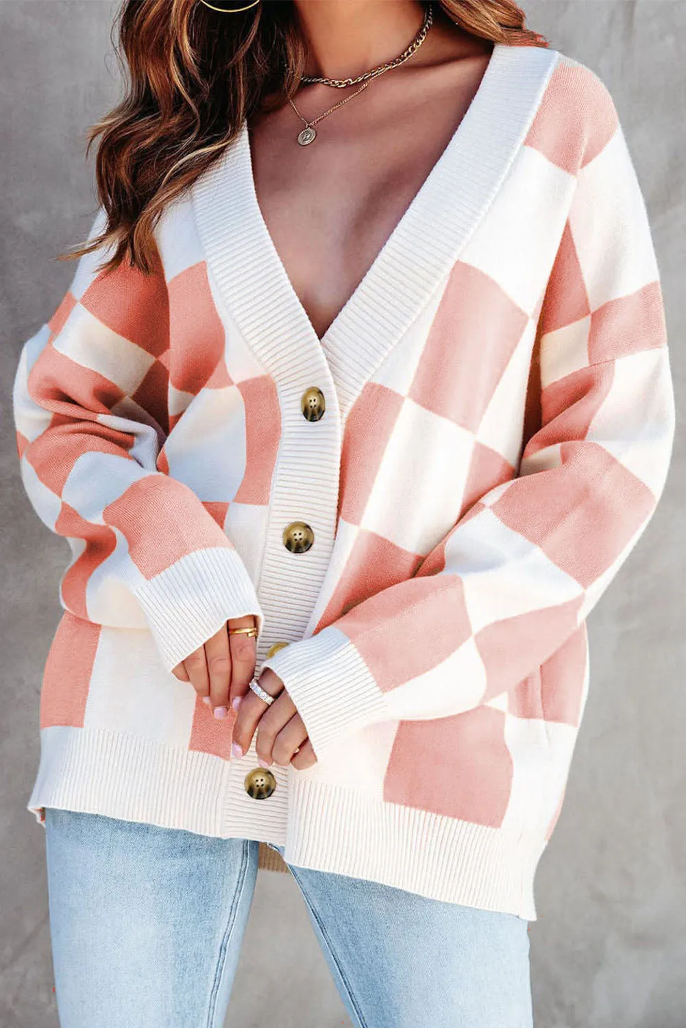 Pink Colorblock Plaid Button Up Cardigan
