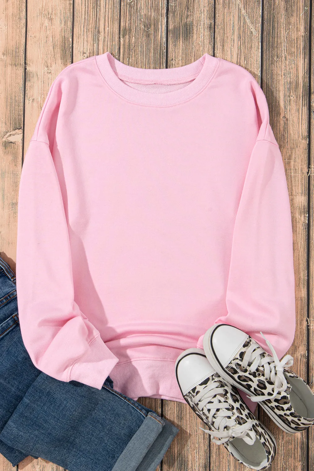 Pink Plain Crew Neck Pullover Sweatshirt