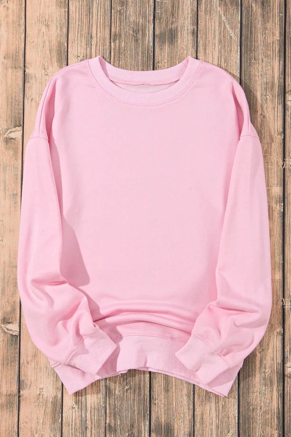 Pink Plain Crew Neck Pullover Sweatshirt