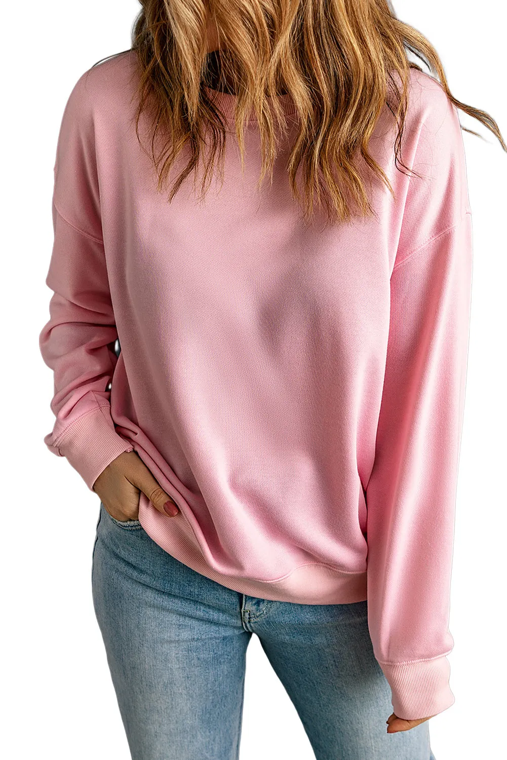Pink Plain Crew Neck Pullover Sweatshirt