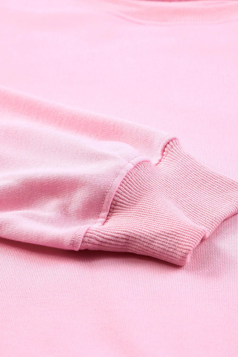 Pink Plain Crew Neck Pullover Sweatshirt