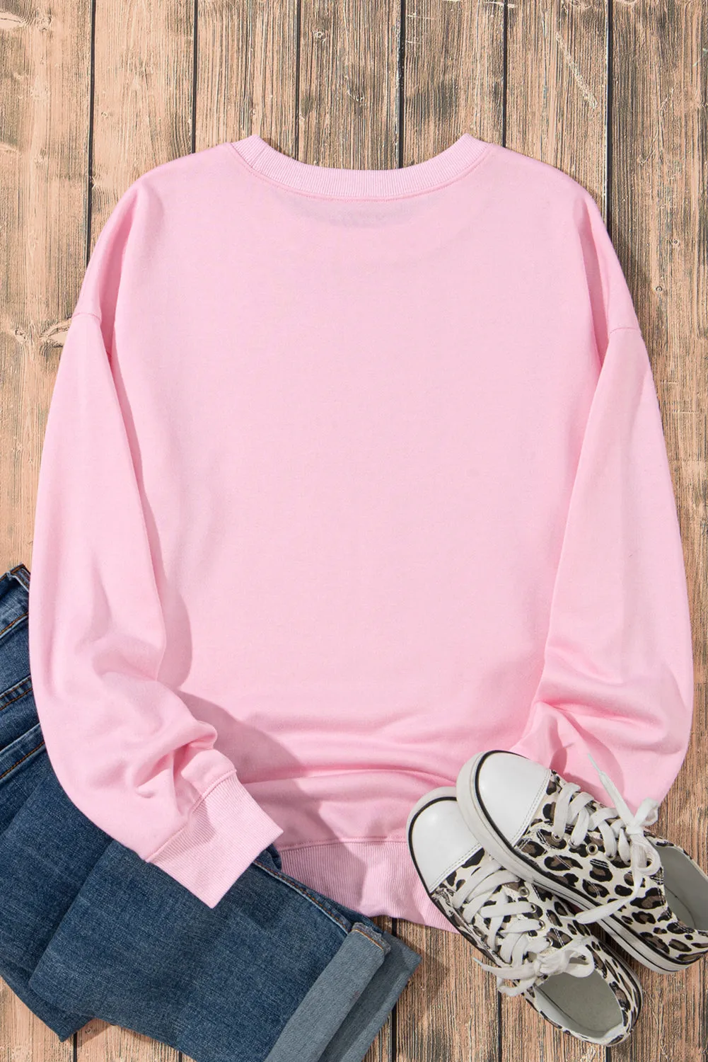Pink Plain Crew Neck Pullover Sweatshirt
