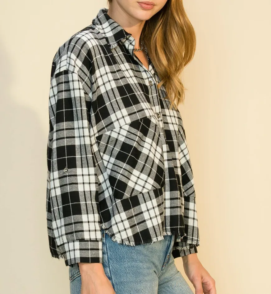 Plaid Collar Patch Pocket Top