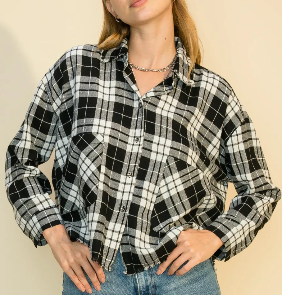Plaid Collar Patch Pocket Top