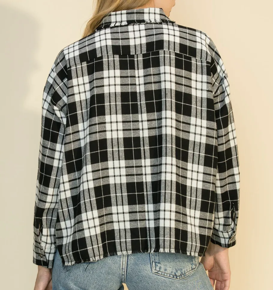 Plaid Collar Patch Pocket Top