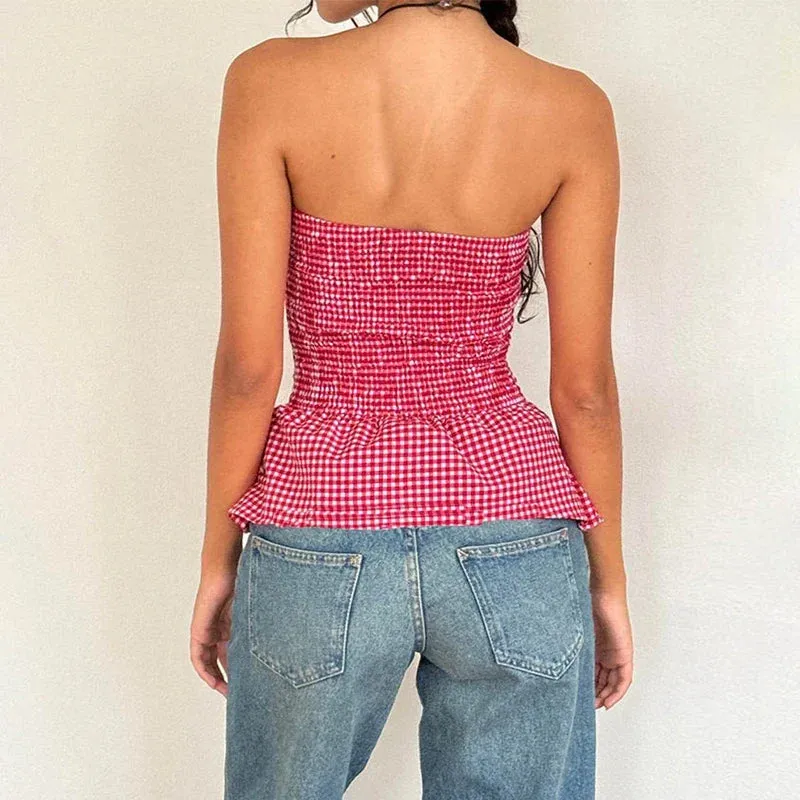 Plaid Print Tube Top Backless Slim Fit Crop Top