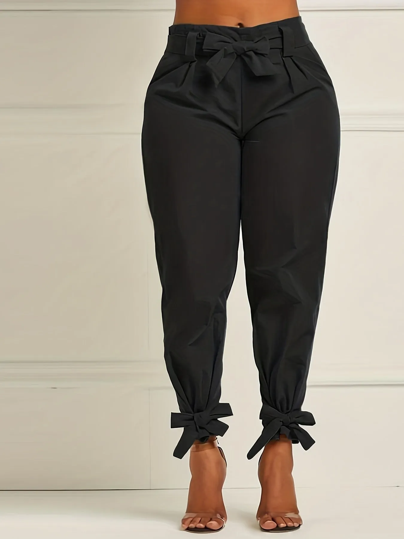 Plus Size Bow Tie Waistband Stretch Tapered Leg Pants
