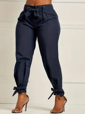 Plus Size Bow Tie Waistband Stretch Tapered Leg Pants