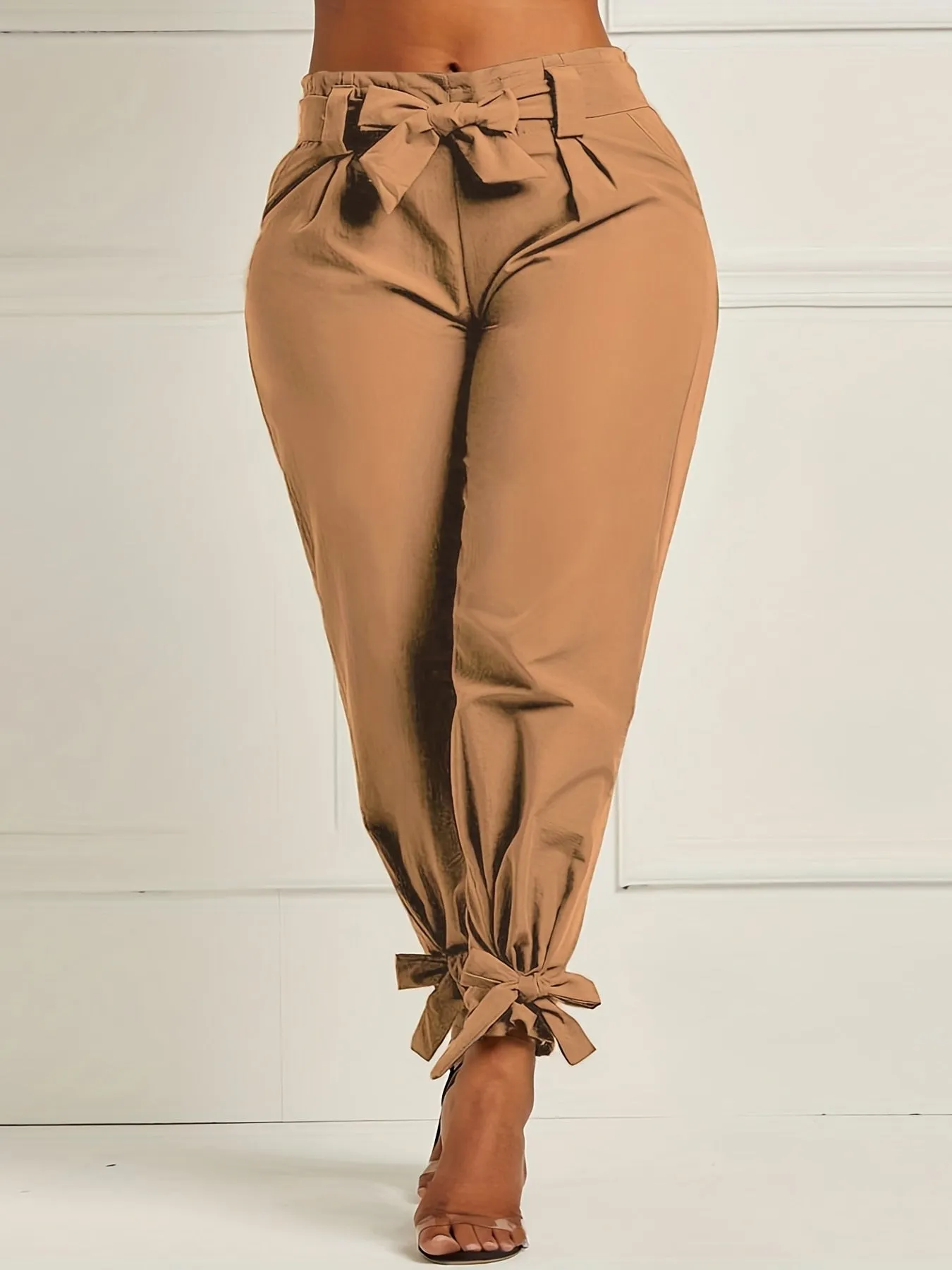 Plus Size Bow Tie Waistband Stretch Tapered Leg Pants