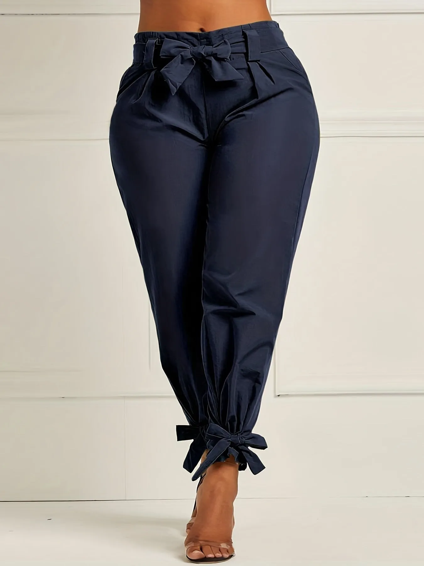 Plus Size Bow Tie Waistband Stretch Tapered Leg Pants